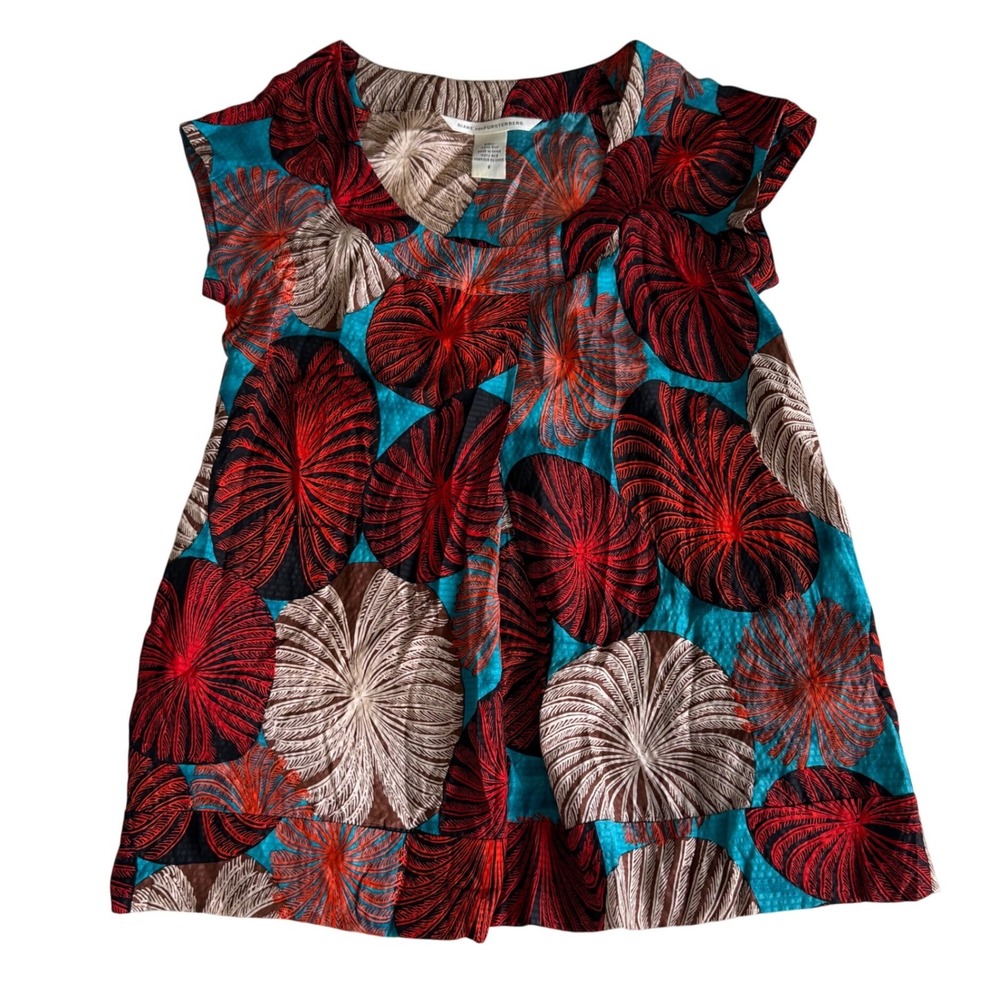 Diane von Furstenberg 100% Silk Shirt Tunic Teal Red Leaf Print Sz 2 DVF